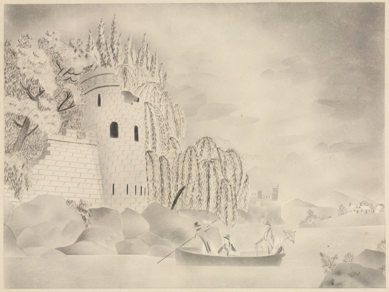 A Torre Solitária (Castelo num rio com salgueiros e um barco) de Mary Altha Nims