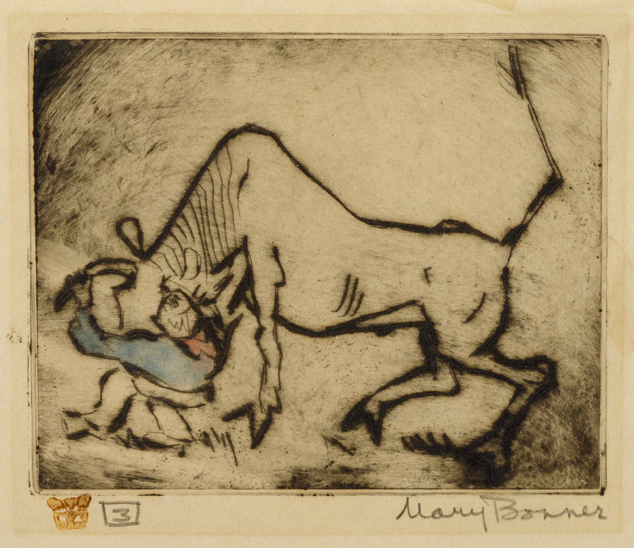 Bull-Dogging (gravura à mão colorida) de Mary Bonner