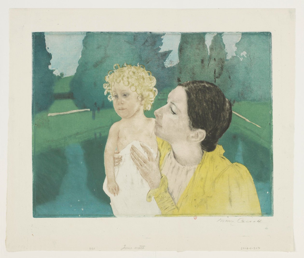 Jovem mãe num parque diante de um lago de Mary Cassatt