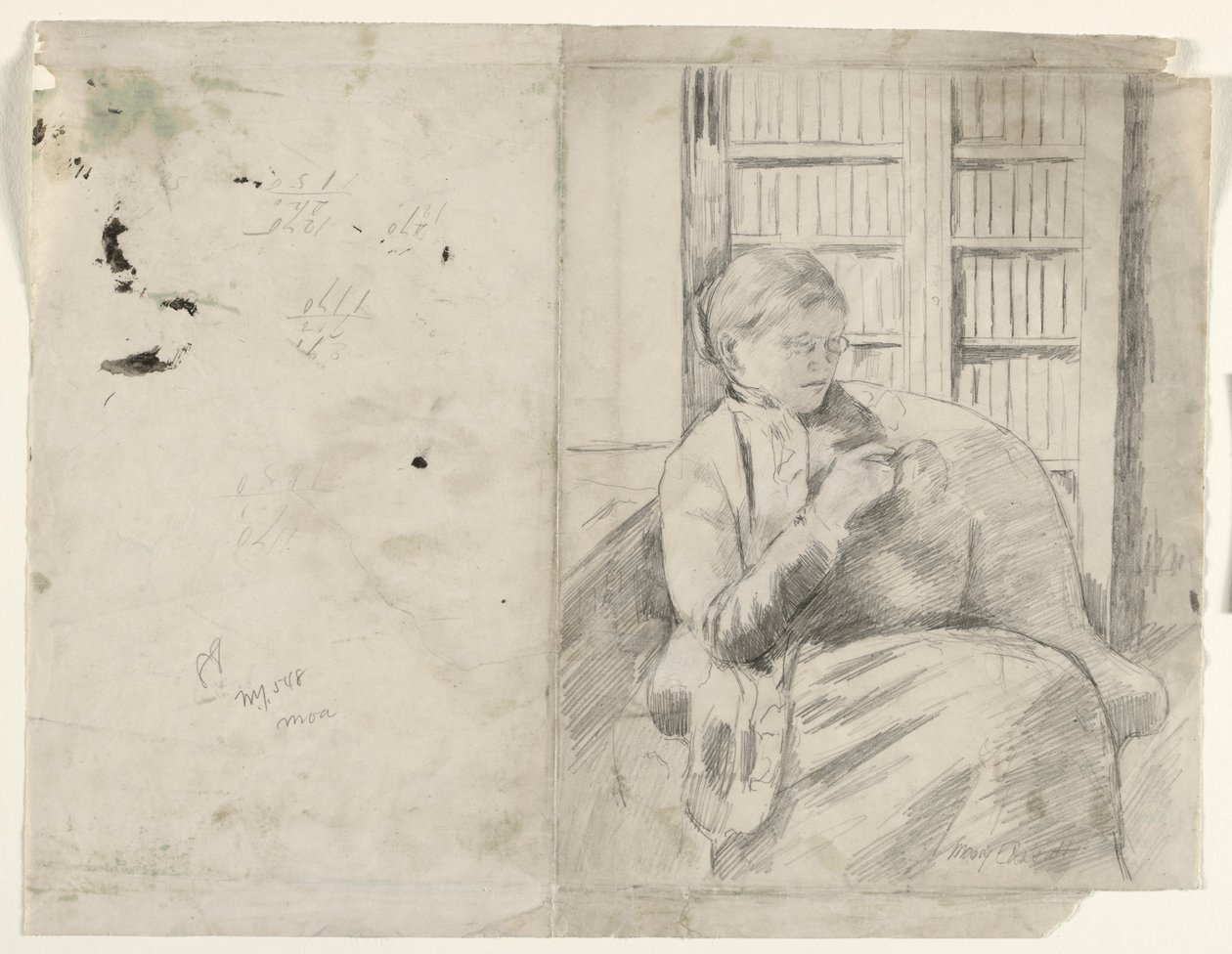 Tricô na Biblioteca reto, c. 1881 de Mary Cassatt