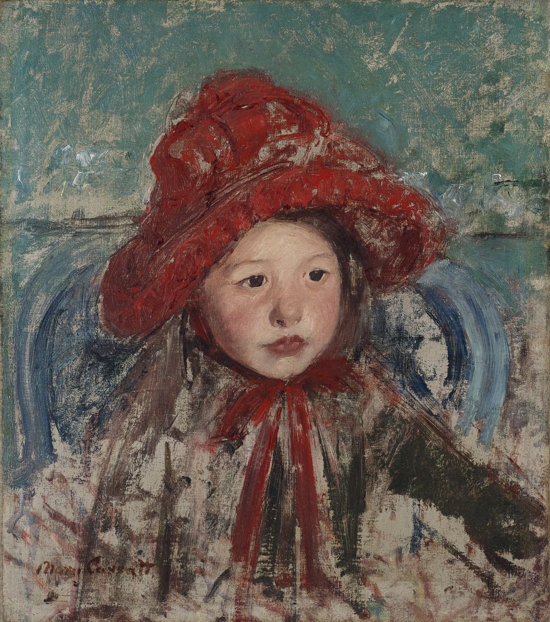 Menina pequena com um grande chapéu vermelho de Mary Cassatt