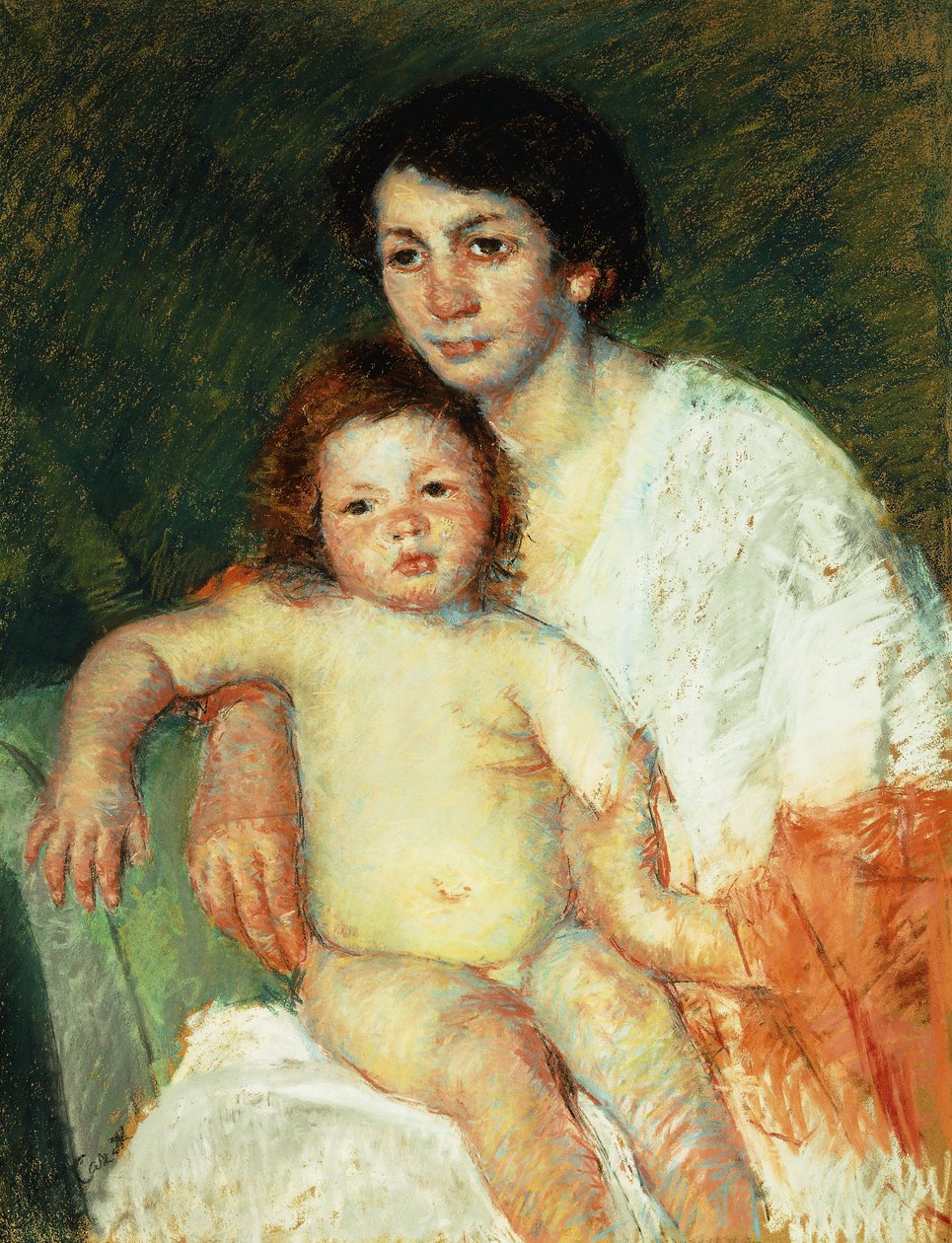 Bebê nu no colo da mãe, descansando o braço direito nas costas da cadeira, 1913 de Mary Cassatt