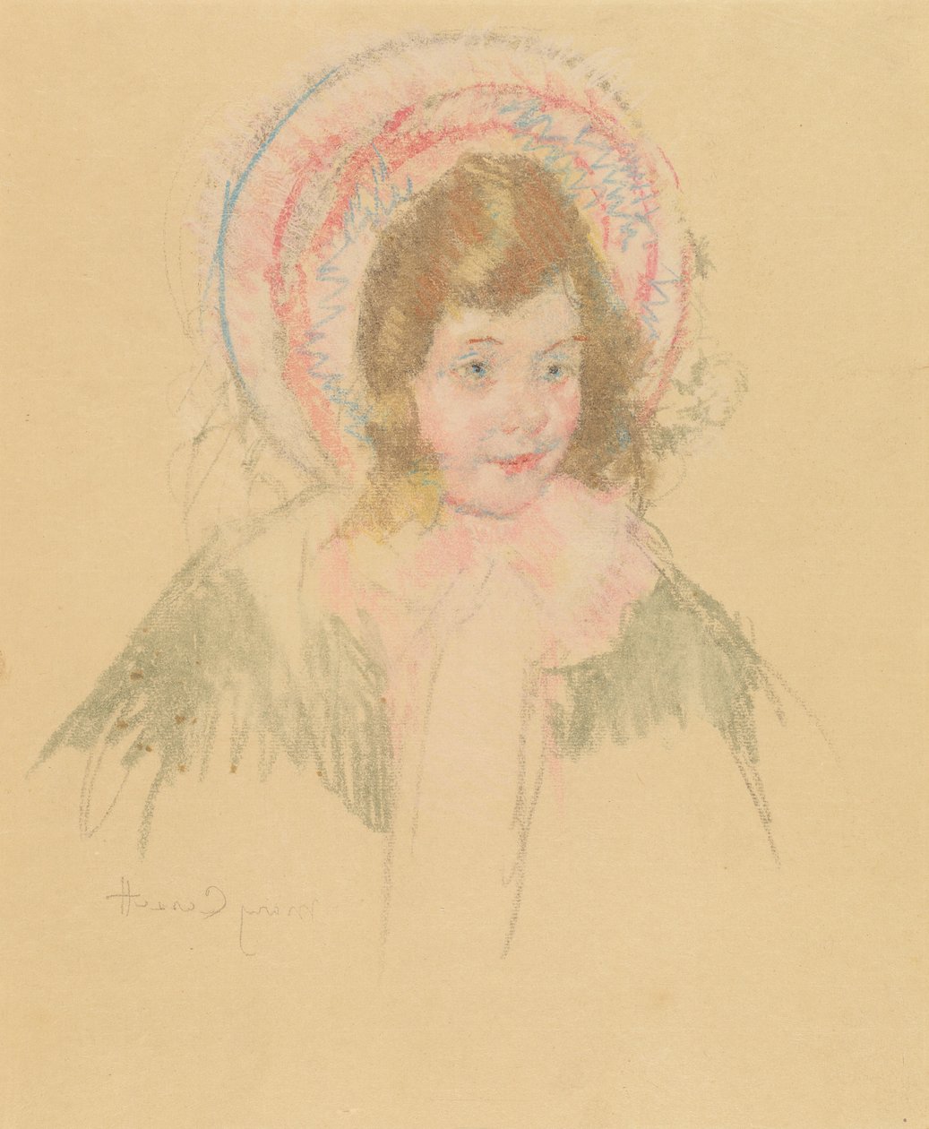 Sara vestindo um gorro e um casaco de Mary Cassatt
