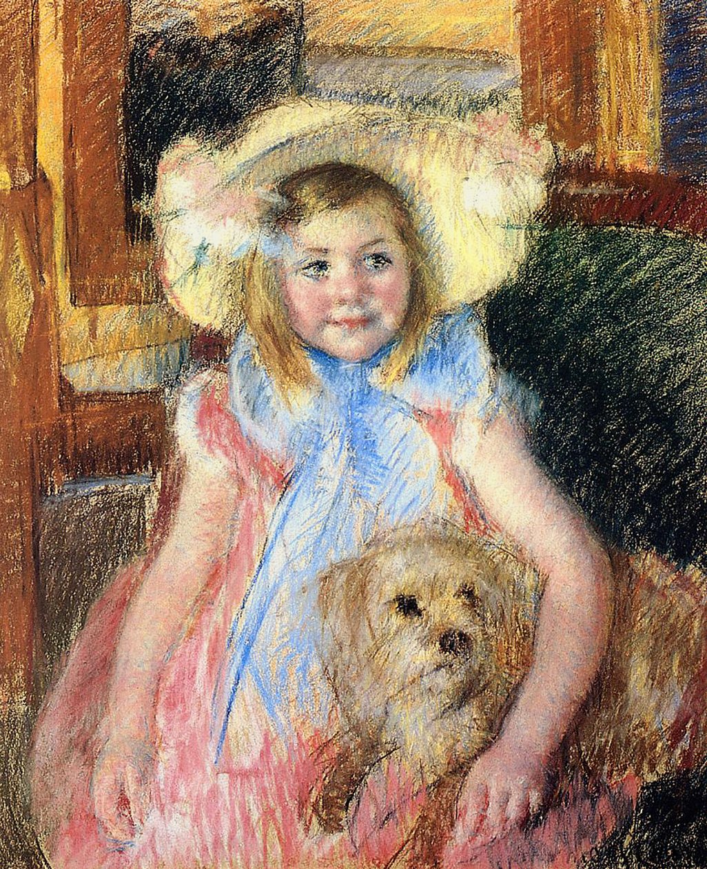 Sara em um grande chapéu florido, olhando para a direita, segurando seu cachorro, c.1901 (pastel sobre papel) de Mary Cassatt