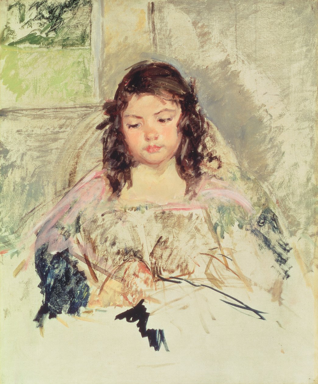 Esboço para "Francoise em uma cadeira de encosto redondo, lendo" ou "Uma garota de rosa" c.1908 de Mary Cassatt