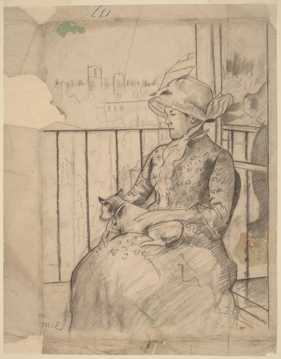 Susan numa varanda segurando um cão [recto] de Mary Cassatt