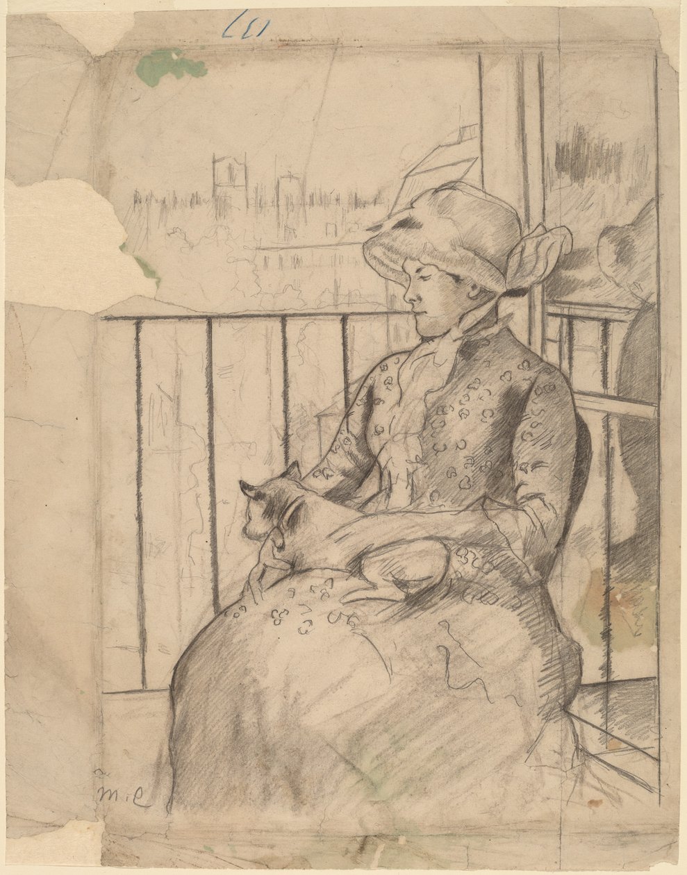 Susan em um Varanda segurando um cão [recto], c. 1883. de Mary Cassatt