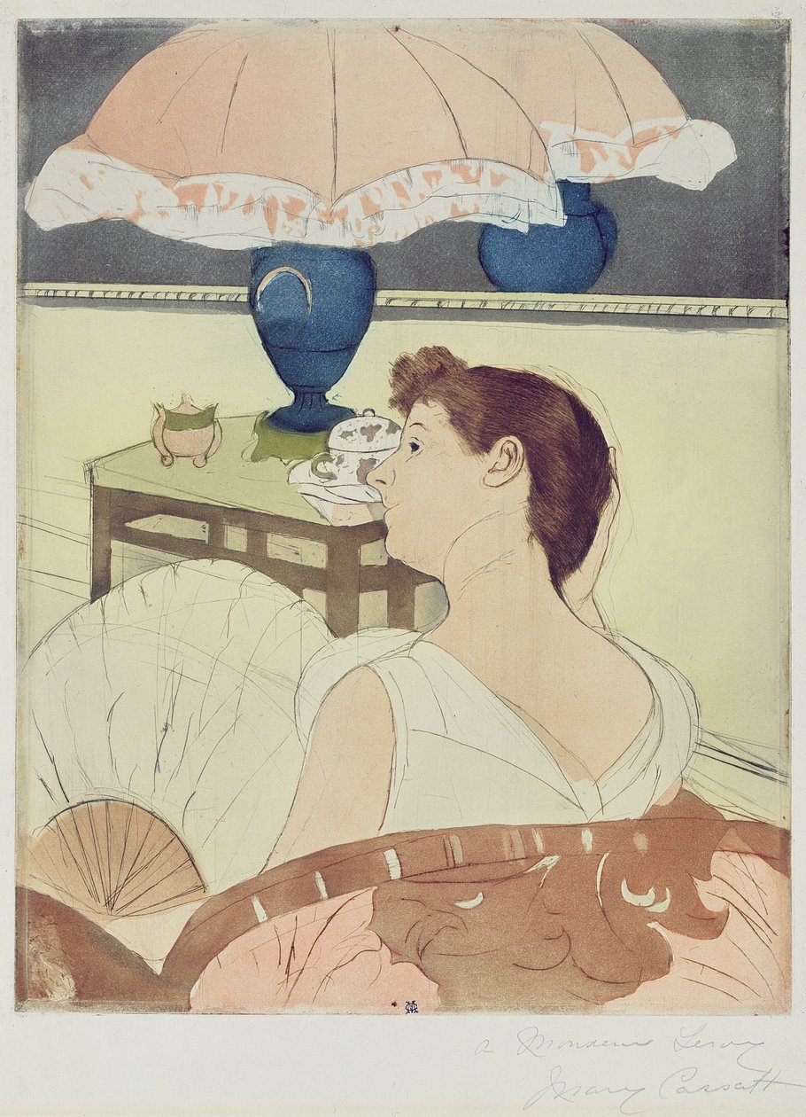 The Lamp, 1891 (ponto de secagem, softground e aquatint no papel) de Mary Cassatt