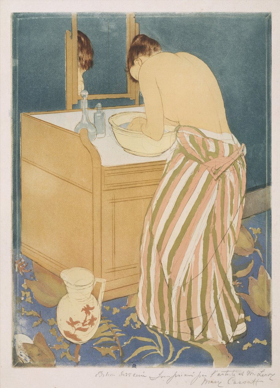 Mulher tomando banho (La Toilette), 1890-1 (drypoint e aquatint) de Mary Cassatt