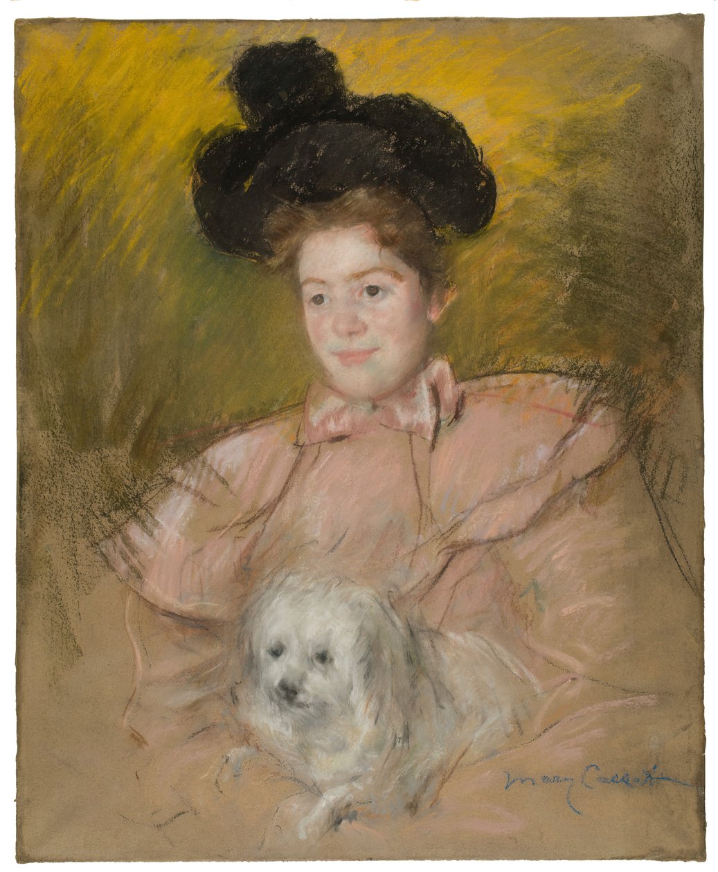 Mulher em Raspberry Costume Holding a Dog, c. 1901. de Mary Cassatt