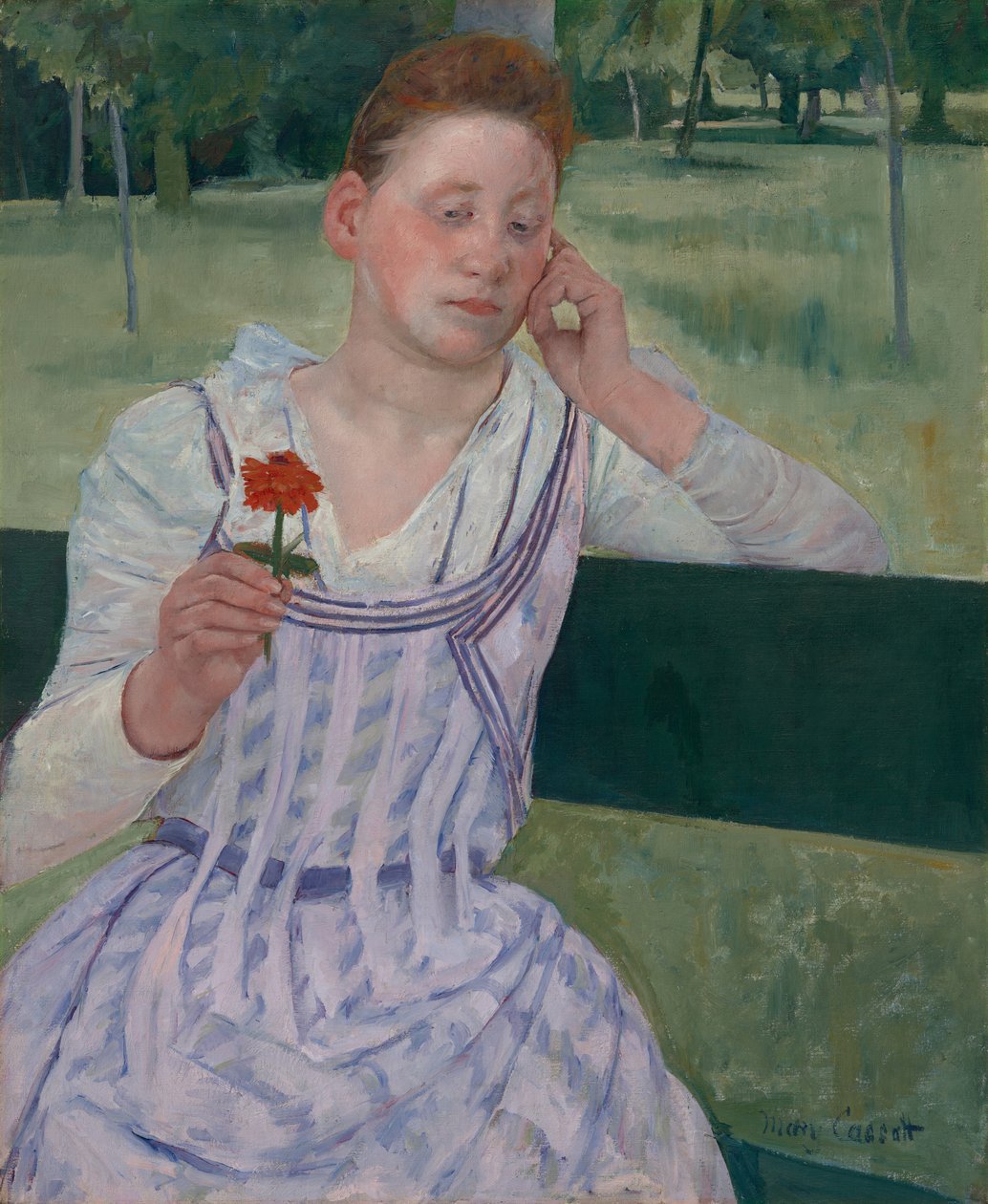 Mulher com uma zínia vermelha (Devaneio) de Mary Cassatt