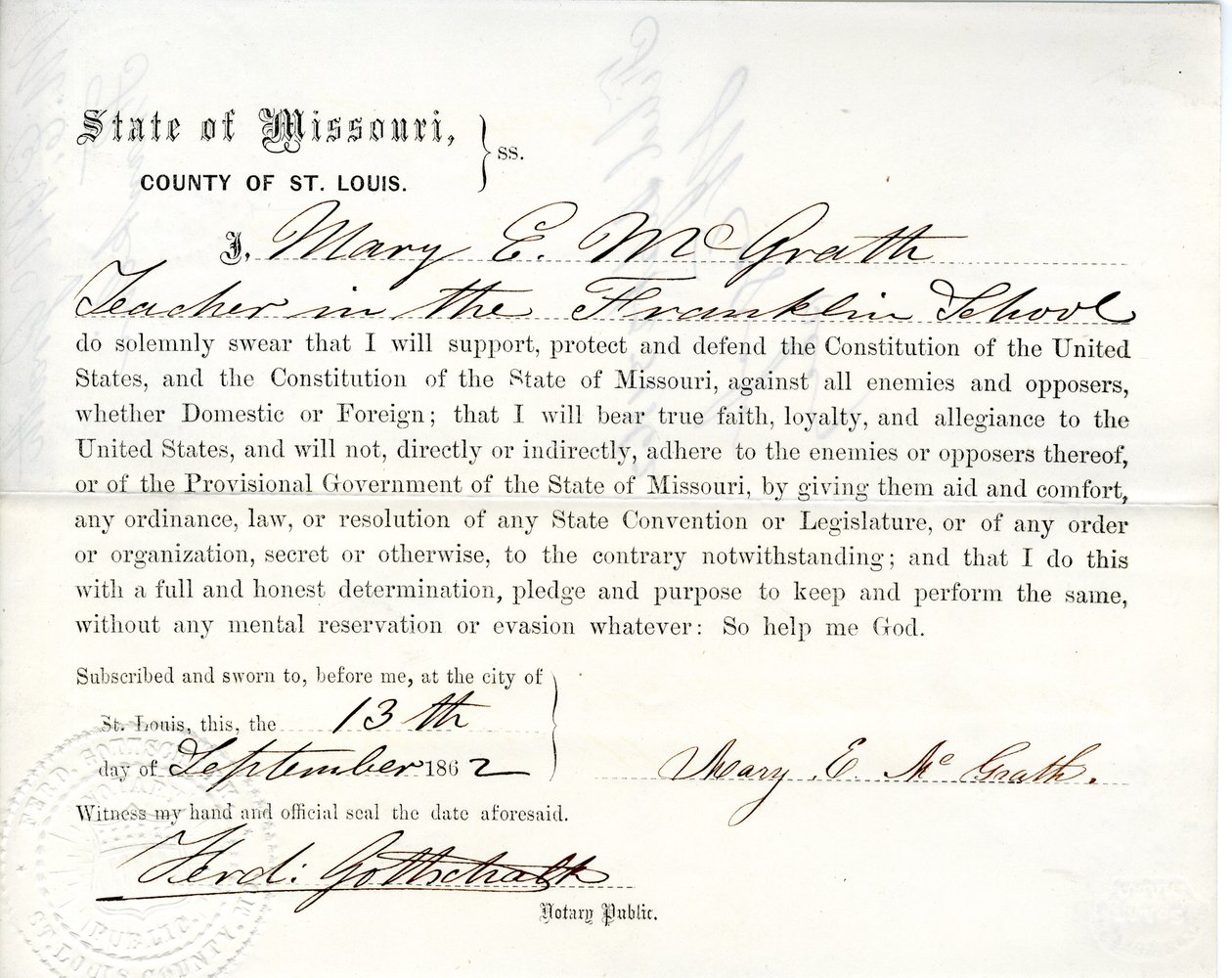 Juramento de lealdade de Mary E. McGrath do Missouri, Condado de St. Louis de Mary E. McGrath