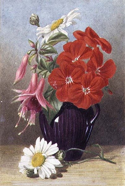 Gerânios e Fuchsias em Jarro Púrpura Vidrado de Mary Elizabeth Duffield