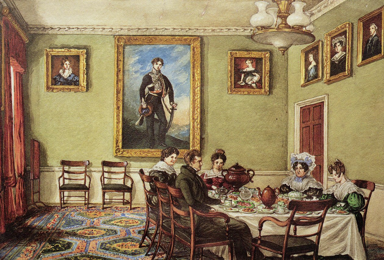 Sala de jantar no Langton Hall, família no café da manhã, c.1832-3 de Mary Ellen Best