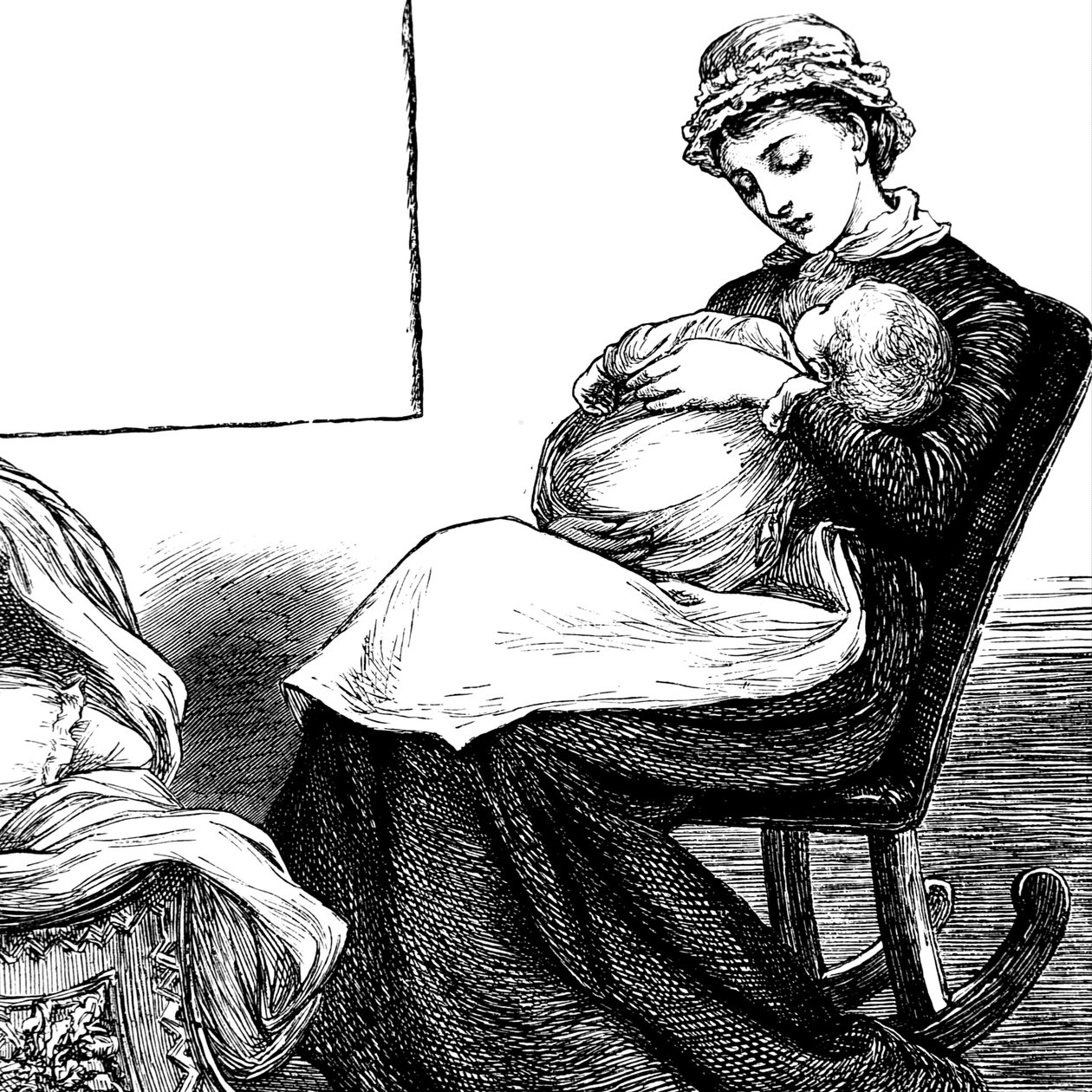 Uma mãe a acarinhar o filho, enquanto se sentava numa cadeira de baloiço. de Mary Ellen Edwards