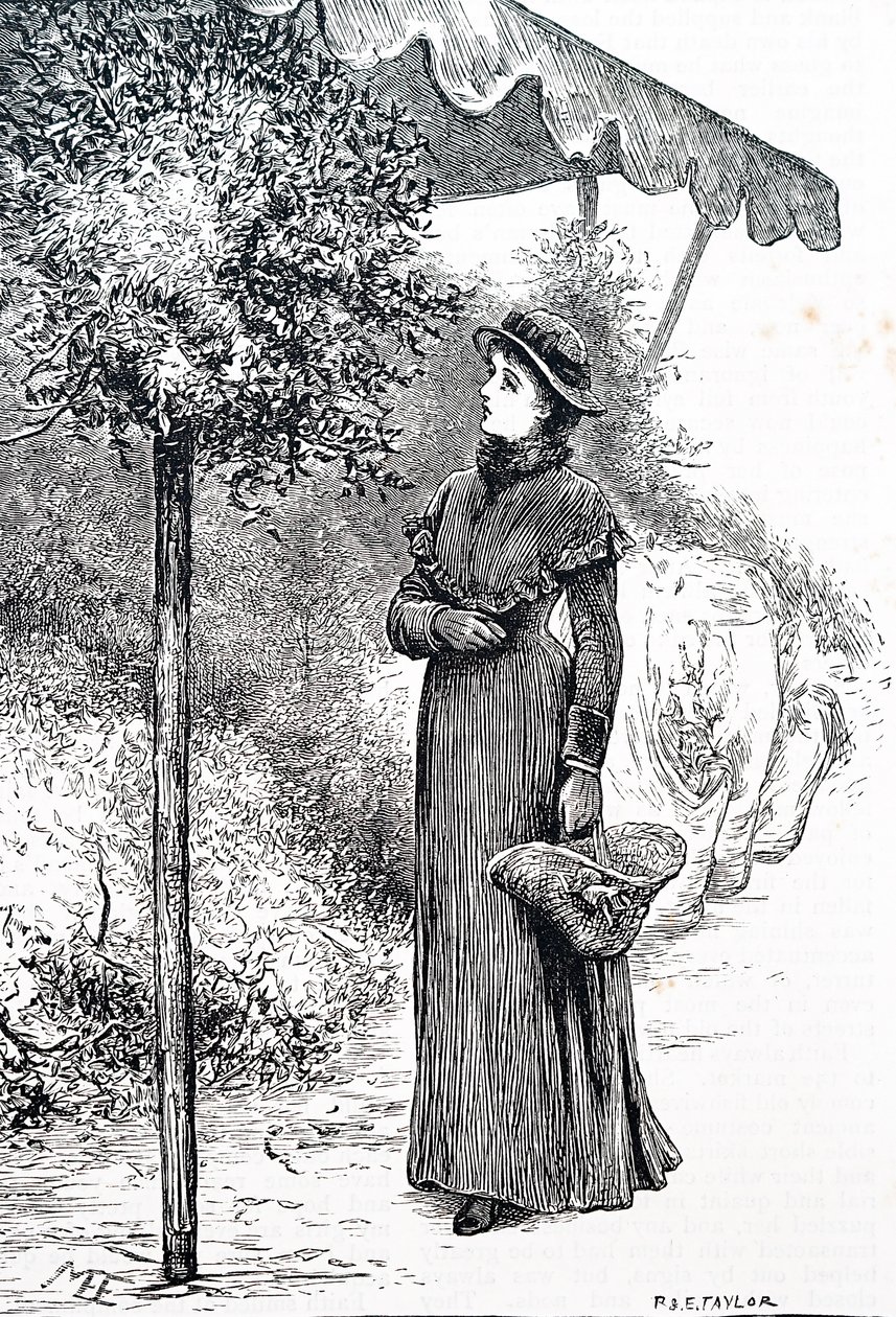 Uma mulher a comprar azevinho para usar nas decorações de Natal. Por Mary Ellen Edwards (1838-1934) uma artista inglesa de Mary Ellen Edwards