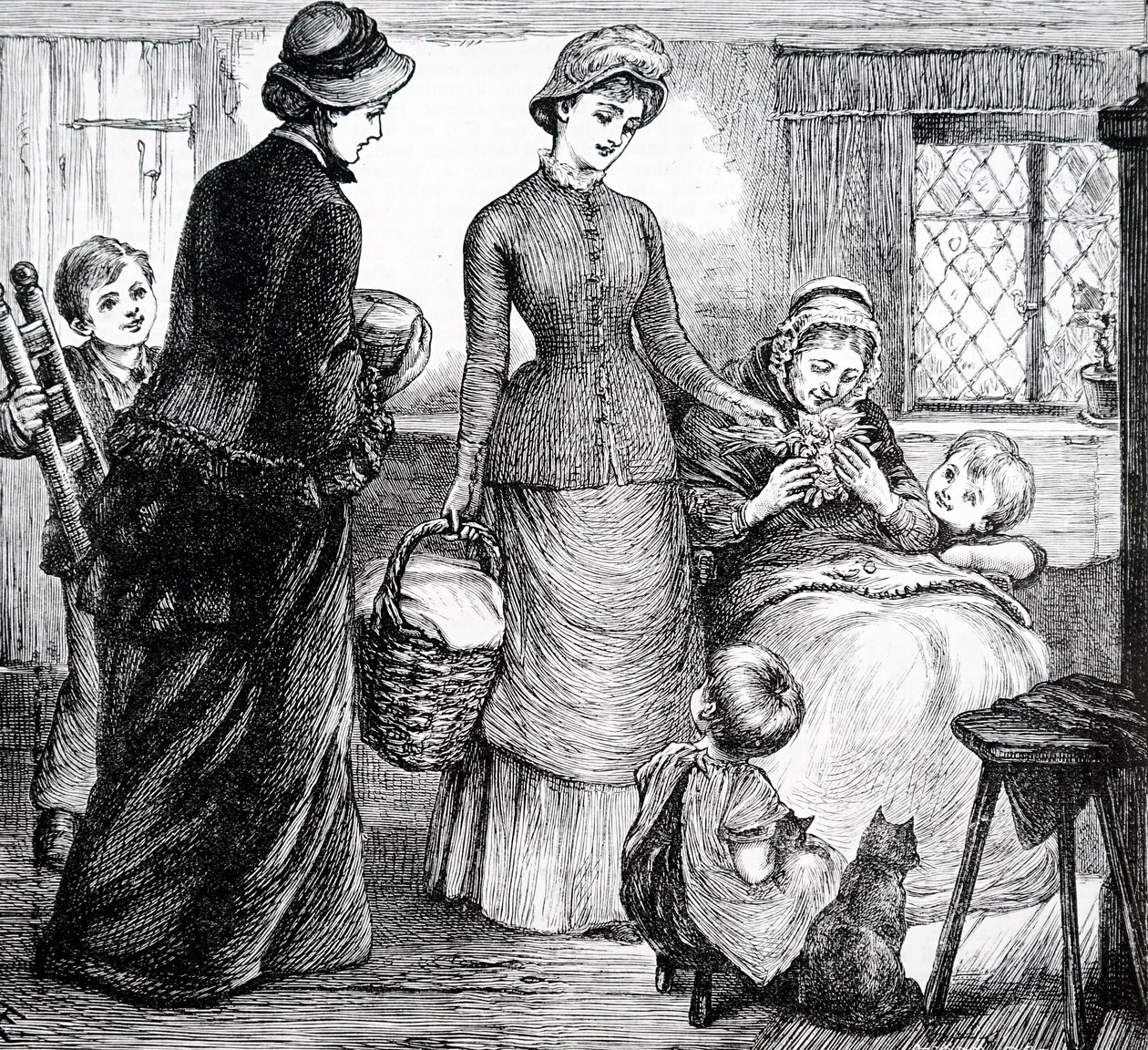 Uma mulher a dar presentes a um pobre coabitante. Por Mary Ellen Edwards (1838-1934) uma artista inglesa de Mary Ellen Edwards