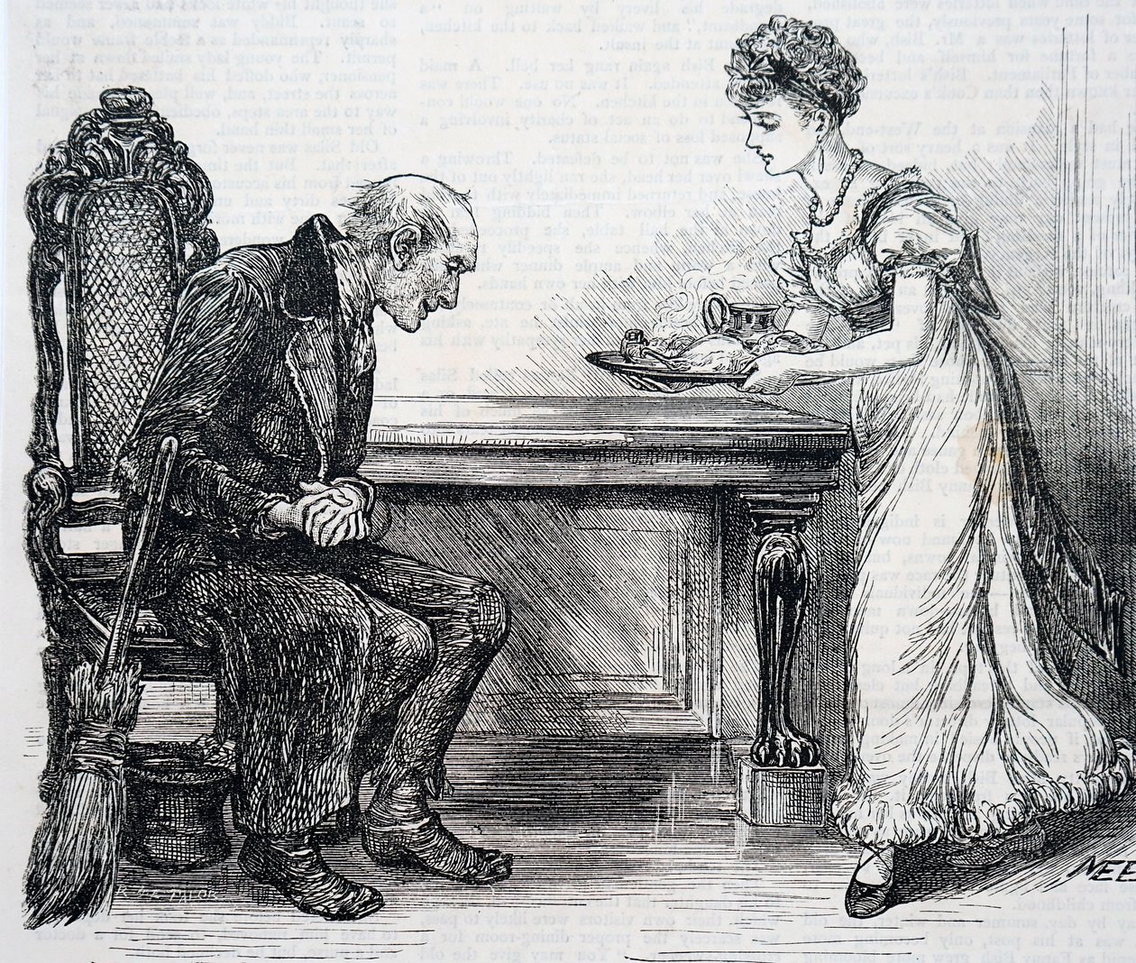 Uma mulher a dar um jantar quente ao varredor da travessia. Por Mary Ellen Edwards (1838-1934) uma artista inglesa de Mary Ellen Edwards