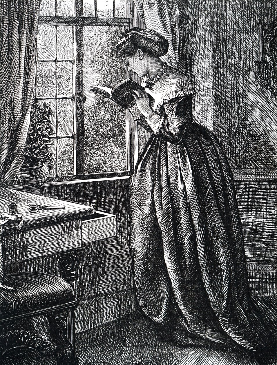 Uma jovem mulher a ler por uma janela aberta. de Mary Ellen Edwards