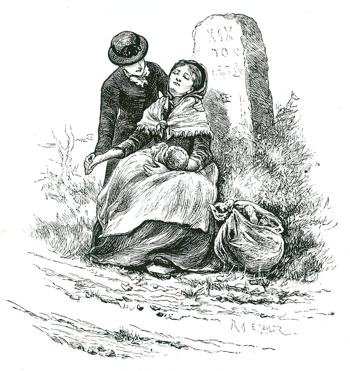 Uma mãe despossuída e solteira encontrada exausta a caminho da Casa de Trabalho com o seu bebé. Cena que lembra um romance de Thomas Hardy, mas não raro em zonas rurais de todo o país. Ilustração de Mary Ellen Edwards c1881. de Mary Ellen Edwards
