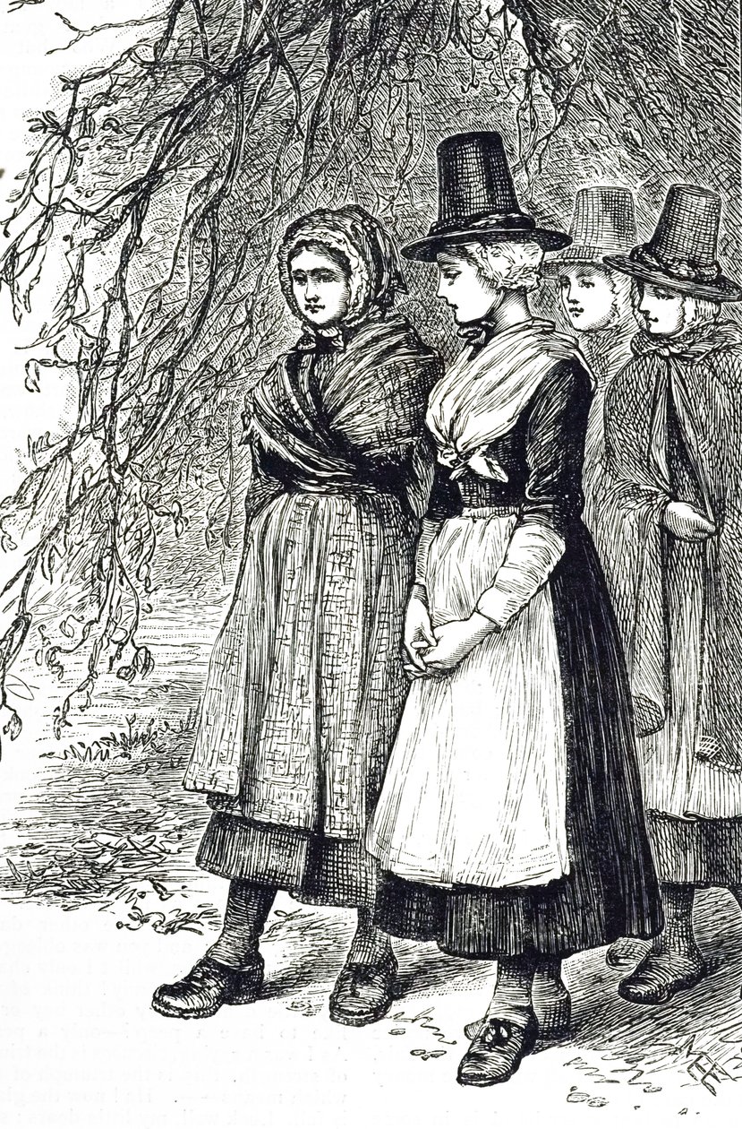 Uma gravura representando meninas galesas em uma Feira Hollantide, uma feira de contratações, esperando para serem contratadas como empregadas domésticas. Ilustrada por Mary Ellen Edwards (1838-1934), artista e ilustradora inglesa de livros infantis. de Mary Ellen Edwards