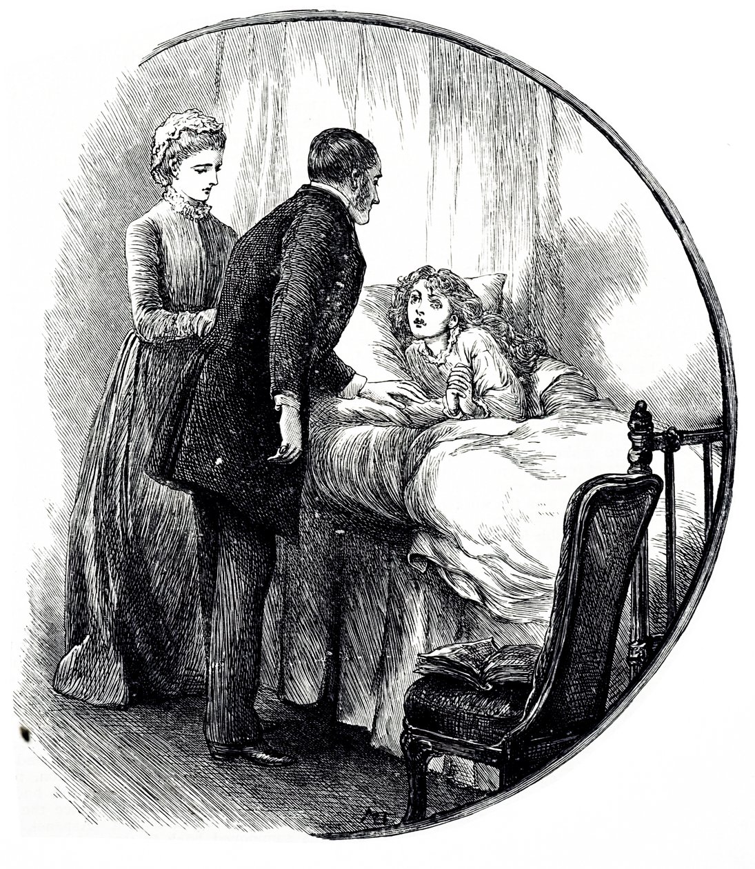Uma gravura que representa um médico a visitar o seu jovem paciente em casa. Ilustrada por Mary Ellen Edwards (1838-1934), artista inglesa e ilustradora prolífica de livros infantis. de Mary Ellen Edwards