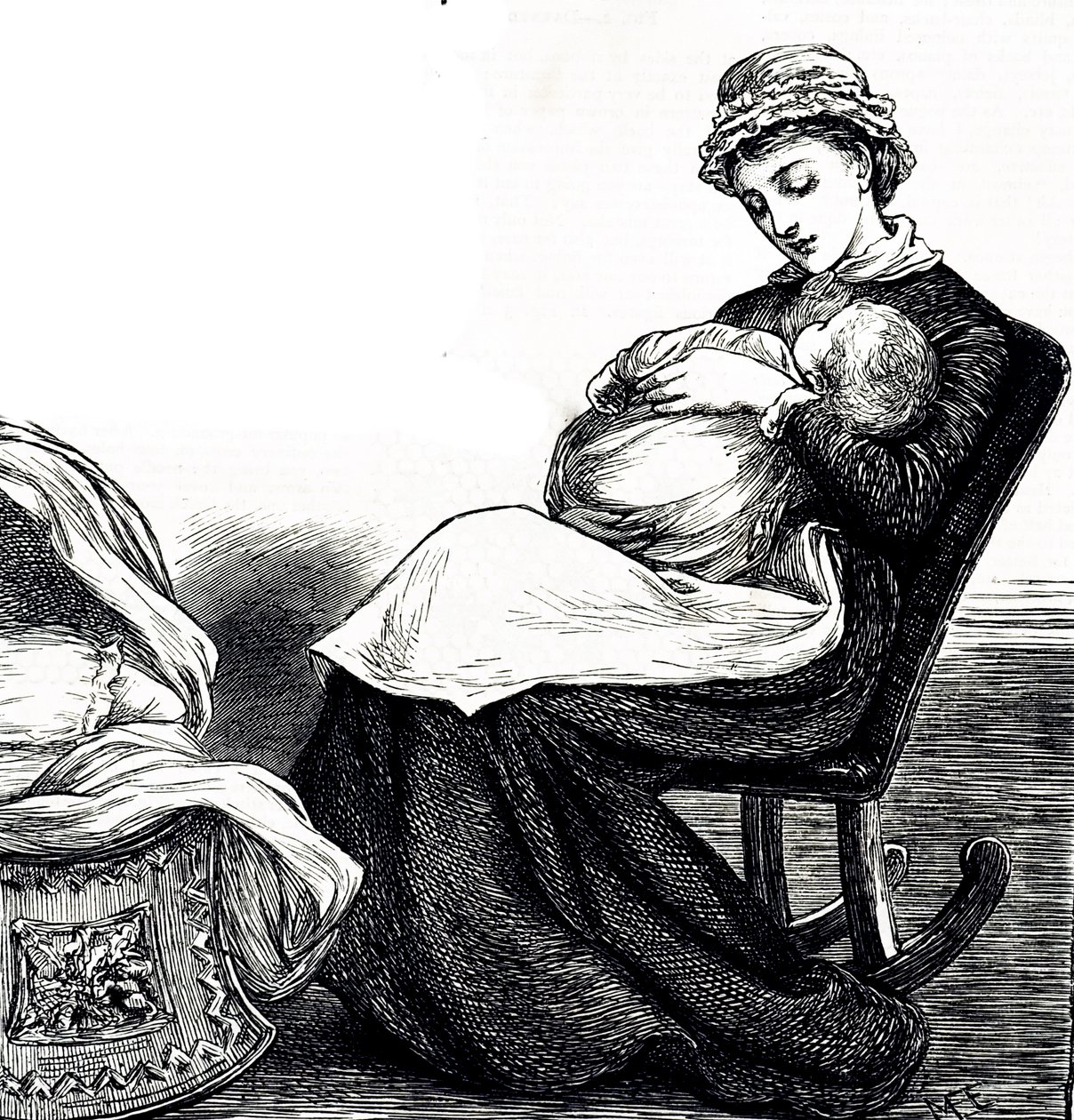 Uma gravura a representar uma mãe a abanar o seu bebé. Ilustrada Mary Ellen Edwards (1838-1934), artista inglesa e ilustradora prolífica de livros infantis. de Mary Ellen Edwards