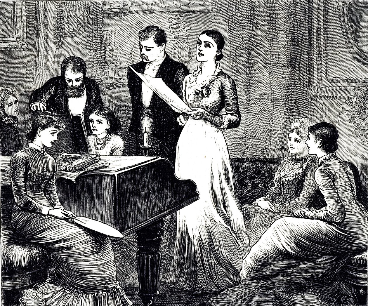 Uma gravura que retrata uma noite musical. Ilustrado por Mary Ellen Edwards (1838-1934), artista e ilustradora inglesa de livros infantis. de Mary Ellen Edwards