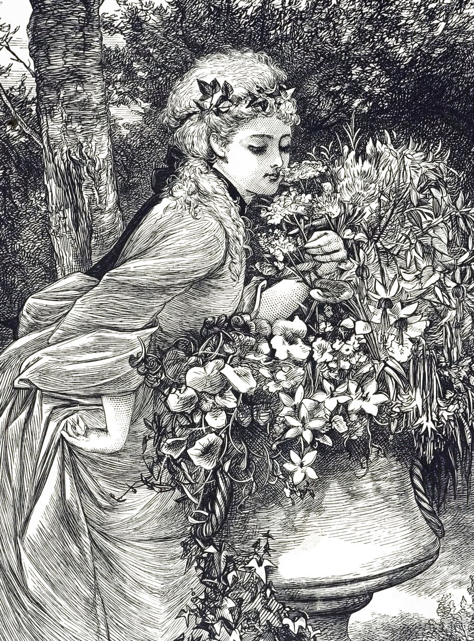 Uma gravura que representa uma jovem rapariga a cheirar a flores, alojada numa urna de jardim. Ilustrada por Mary Ellen Edwards (1838-1934), artista e ilustradora inglesa de livros infantis. de Mary Ellen Edwards