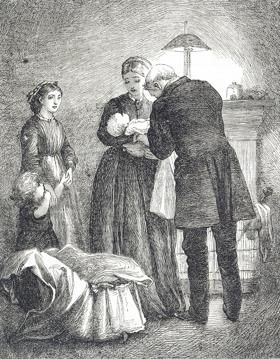 Gravura representando um médico examinando um bebê com sarampo de Mary Ellen Edwards