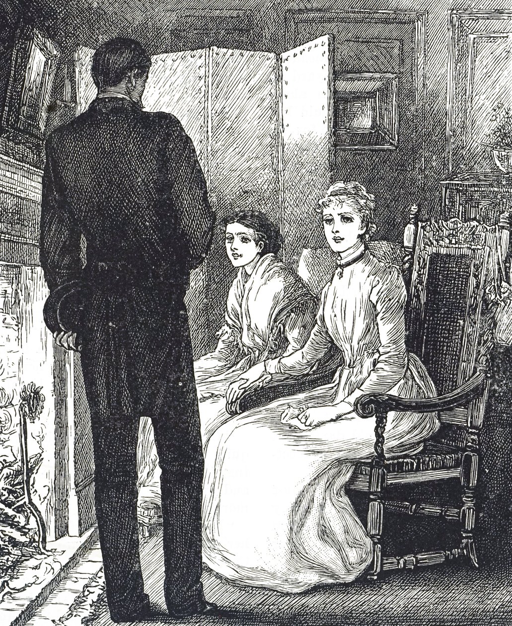 Gravura retratando duas mulheres mantendo-se quentes ao lado da lareira de Mary Ellen Edwards