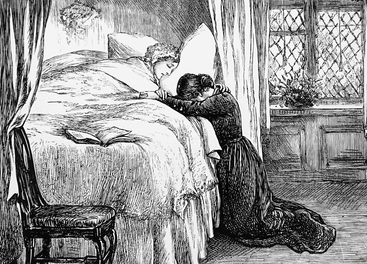 Ilustração retratando uma filha chorando no leito de morte de sua mãe de Mary Ellen Edwards