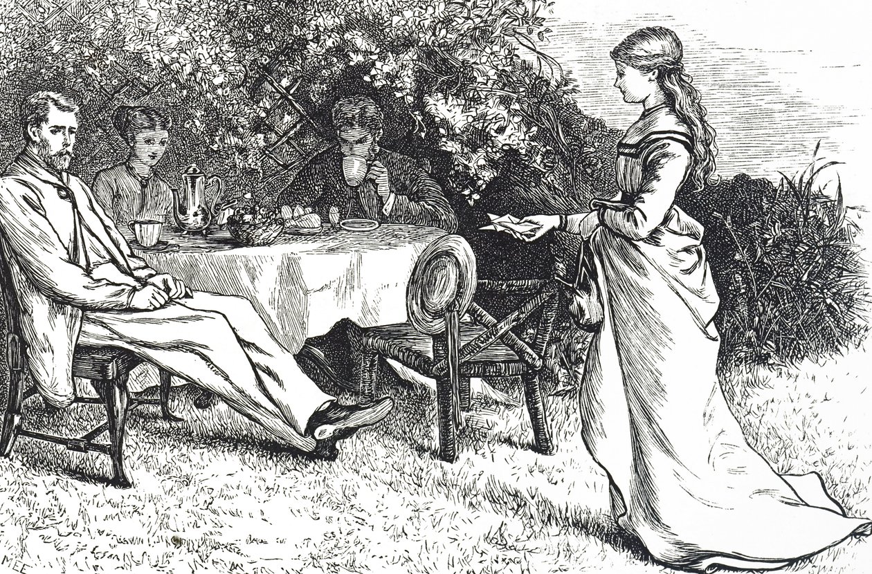 Ilustração de uma família a tomar o pequeno-almoço no jardim de Mary Ellen Edwards