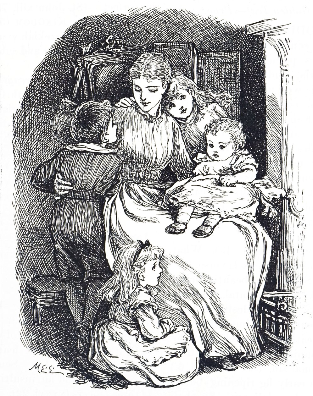 Ilustração retratando uma mãe com seus filhos de Mary Ellen Edwards