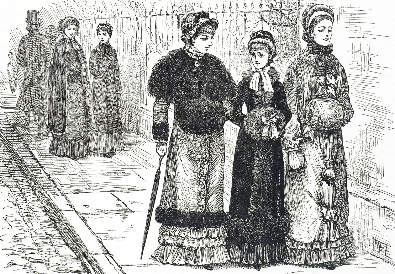 Ilustração retratando mulheres jovens com abafadores, para manter as mãos quentes durante o tempo mais frio de Mary Ellen Edwards