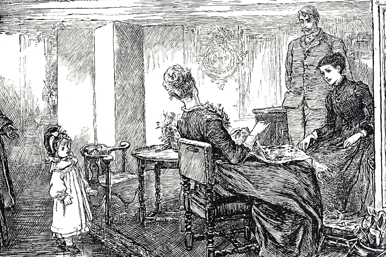 Ilustração de uma menina sendo cuidada por suas tias e tio por uma tarde de Mary Ellen Edwards