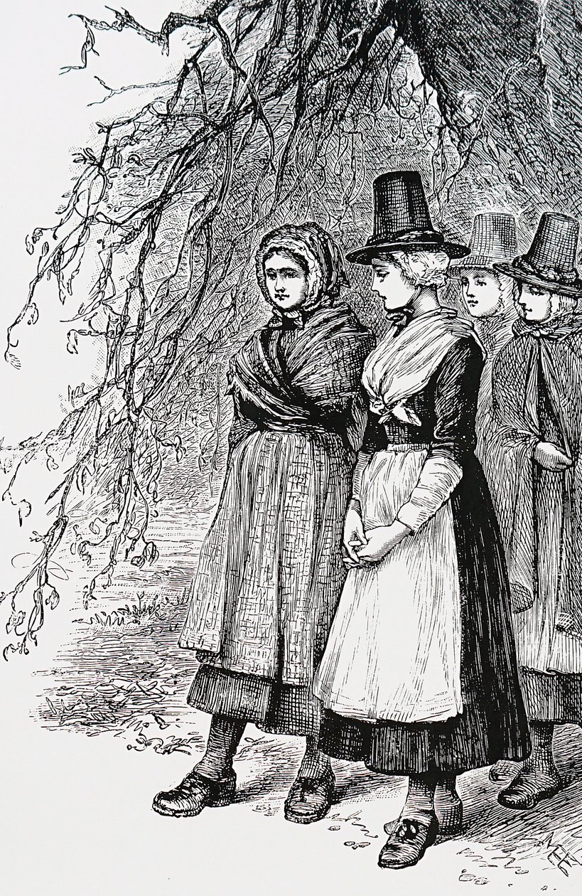 Meninas galesas numa feira de Hollantide, uma feira de contratações, à espera de serem contratadas como empregadas domésticas de Mary Ellen Edwards