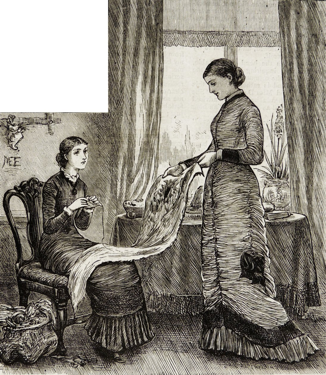 Jovem mulher admirando o bordado de sua amiga de Mary Ellen Edwards