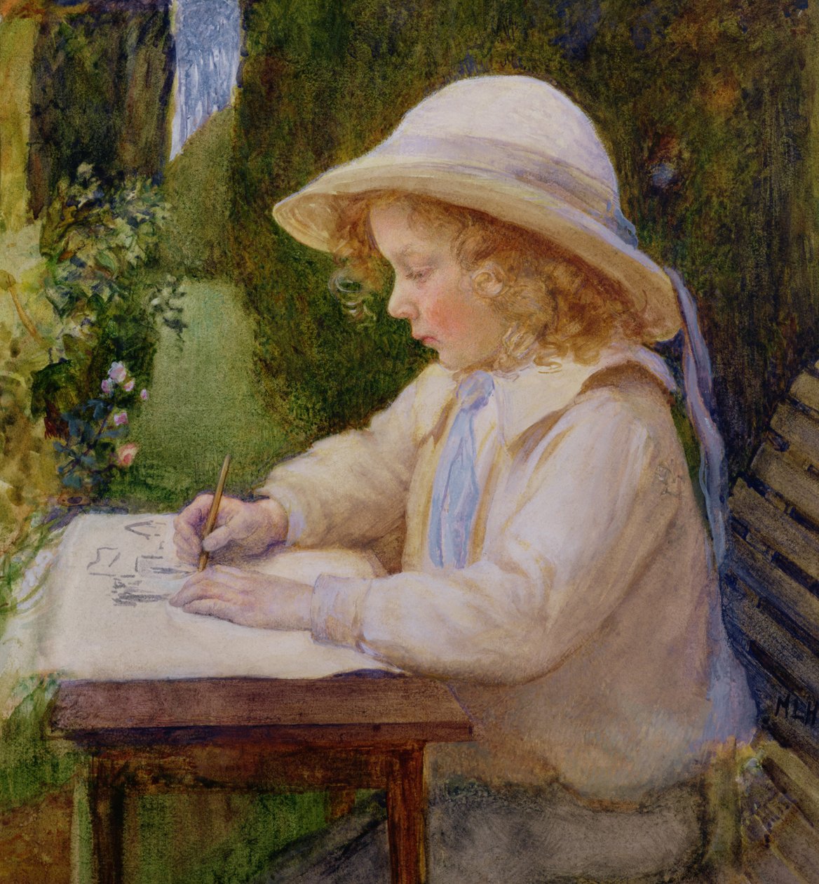 Menina de desenho em uma mesa de jardim (estudo) de Mary Harcourt