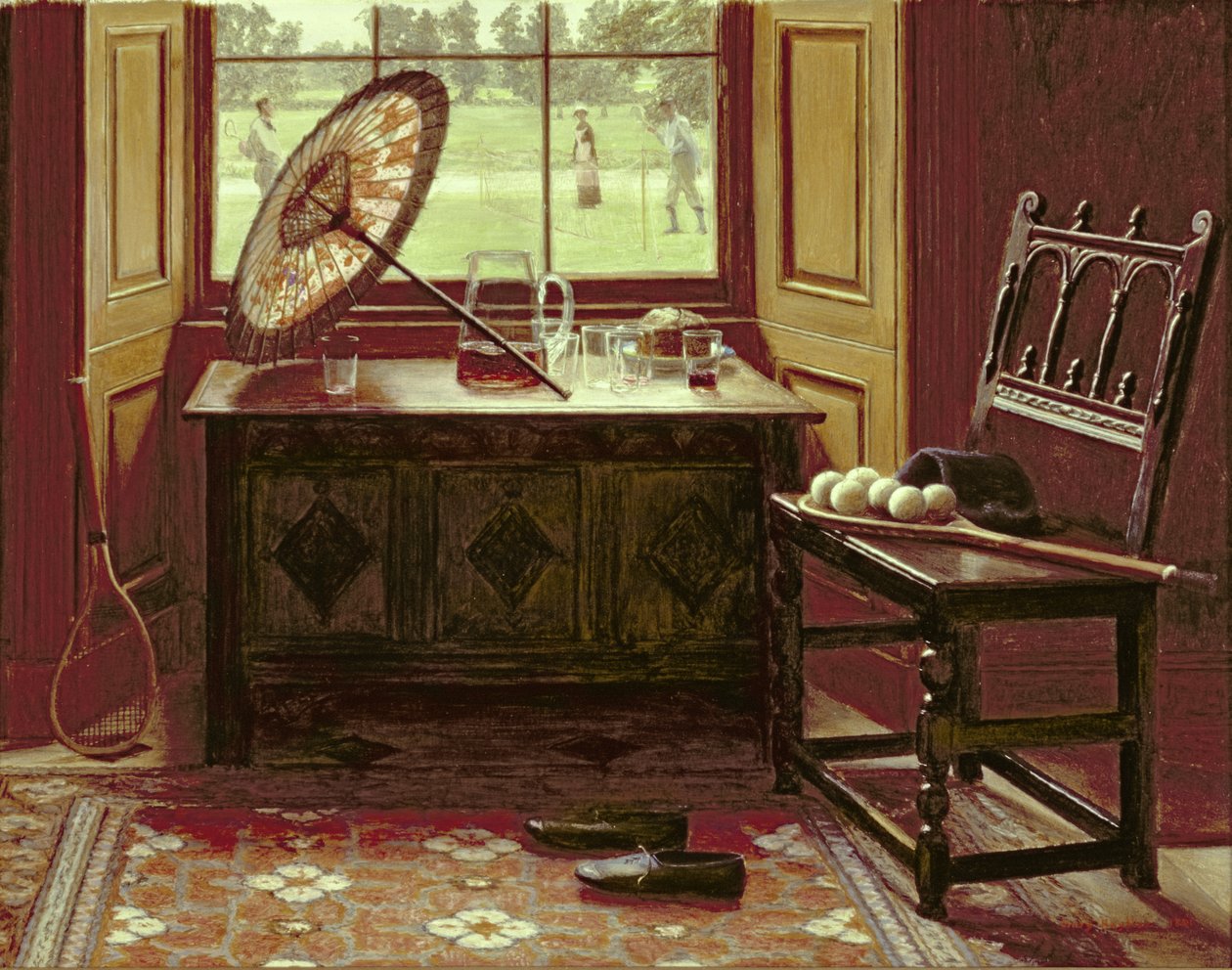 The Lawn Tennis Season, 1881 (óleo no cartão) de Mary Hayllar