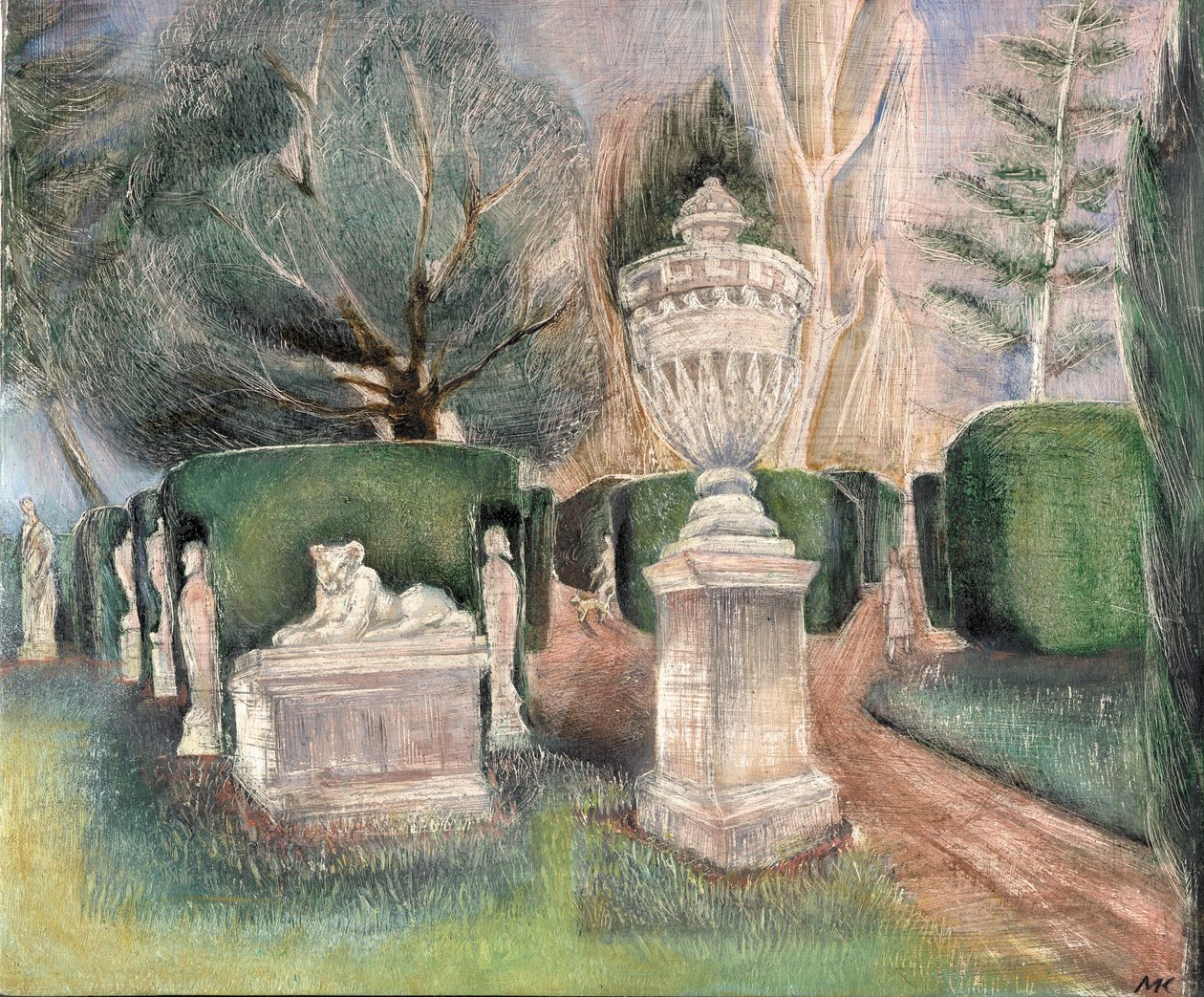 Chiswick House: Estátuas, 2002 (óleo a bordo) de Mary Kuper