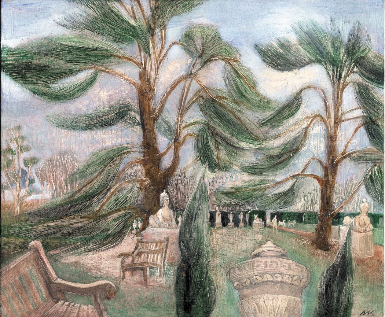 Chiswick House; cedarssphinxes, 2002 (óleo a bordo) de Mary Kuper