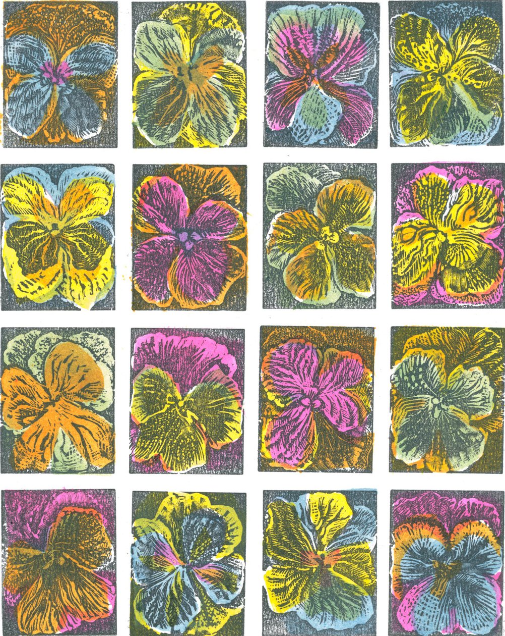 Pansies eléctricos, 2016 (gravura em vinil, pochoir) de Mary Kuper