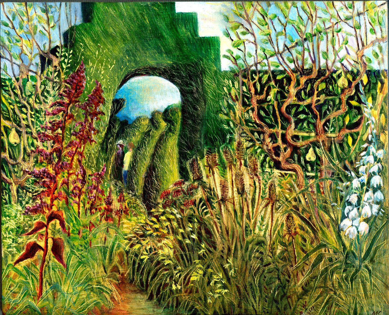 Grande Dixter: Topiária e flores, 2003 (óleo a bordo) de Mary Kuper