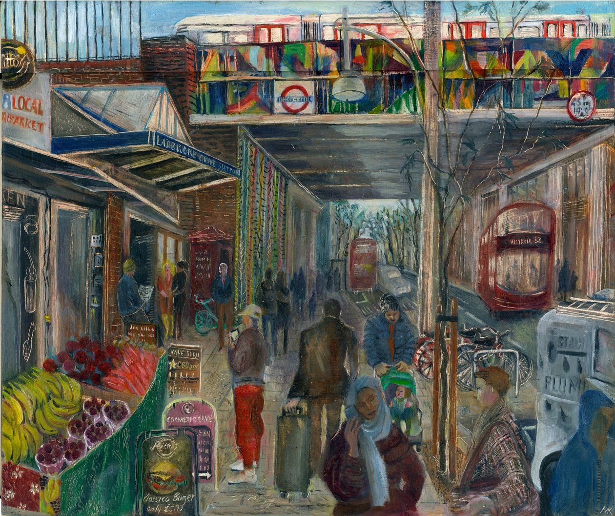 Ladbroke Grove pouco antes do bloqueio: 4, a estação, 2020 (óleo a bordo) de Mary Kuper