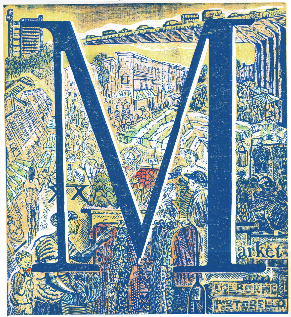 Mercado: Portobello e Golborne Road, 2015 (gravura em vinil e parágrafo de colisão) de Mary Kuper