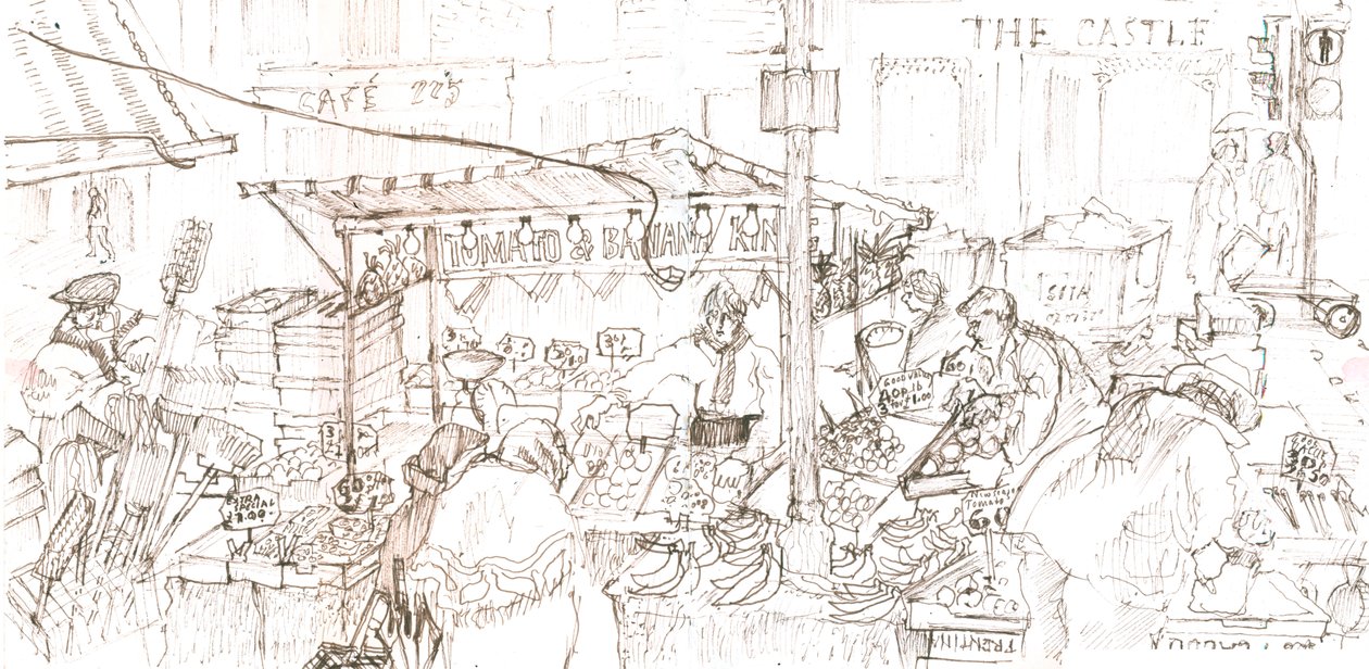 Portobello market, 2006 (caneta e tinta) de Mary Kuper