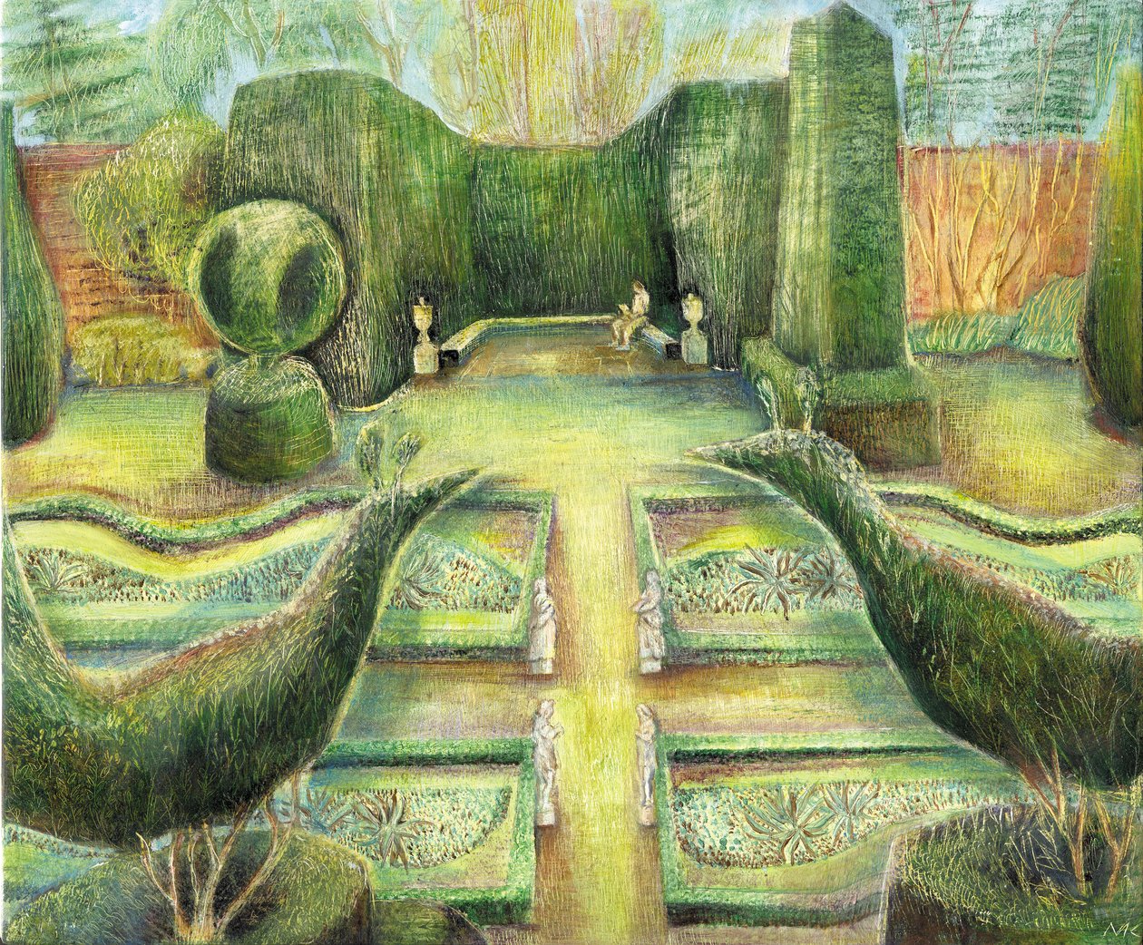 The Long Garden, Cliveden, aves, 2002 (óleo a bordo) de Mary Kuper