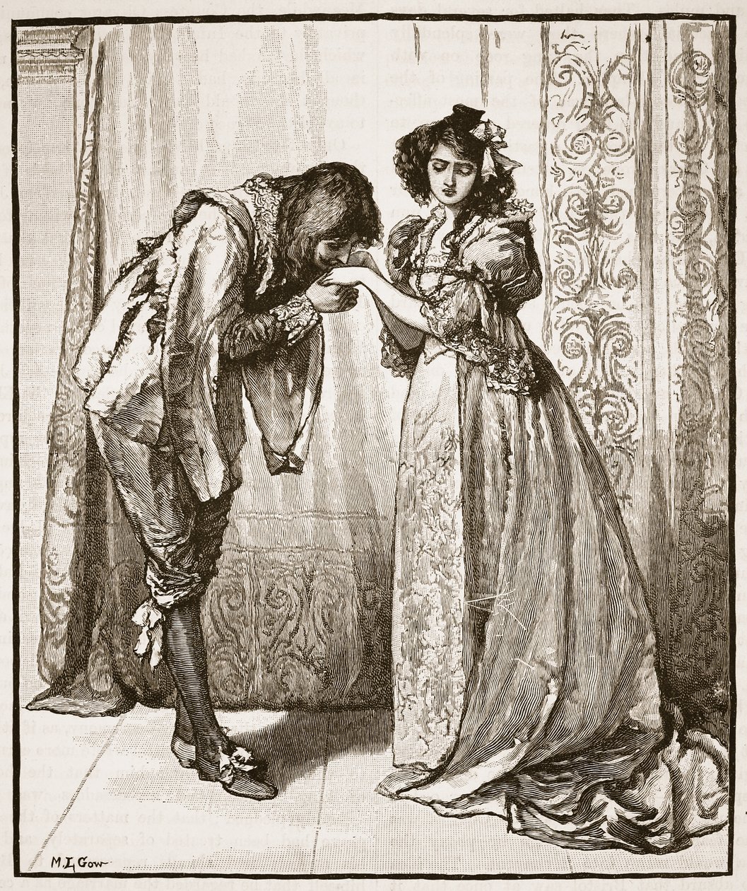 A despedida do Príncipe Charles para a Infanta, ilustração da &39;História Ilustrada de Cassell da Inglaterra&39; (foto sépia) de Mary L. Gow