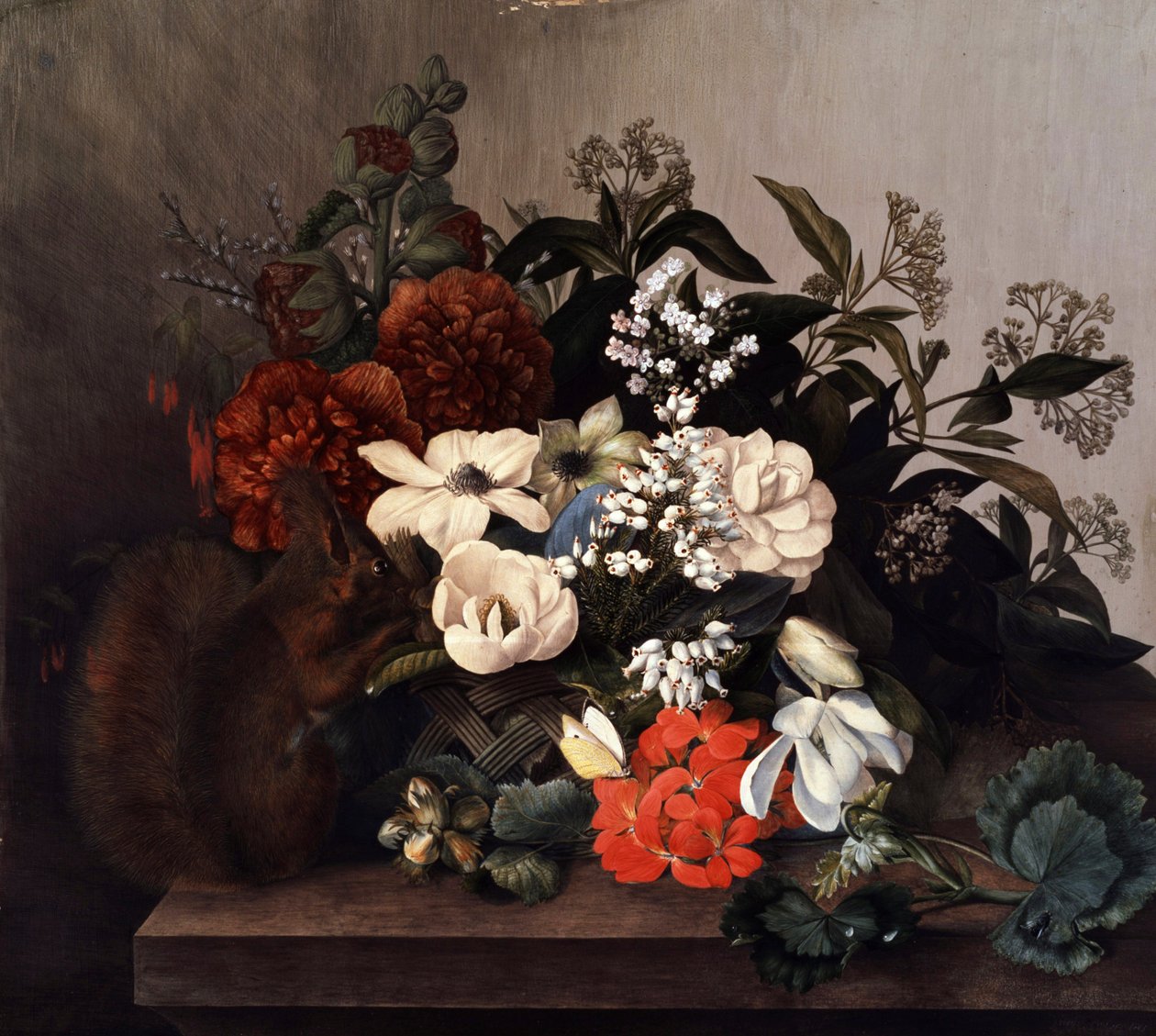 Natureza morta com esquilo e gerânios. Pintura de Mary Lawrence (nascida no século XVIII) Coleção particular. de Mary Lawrence
